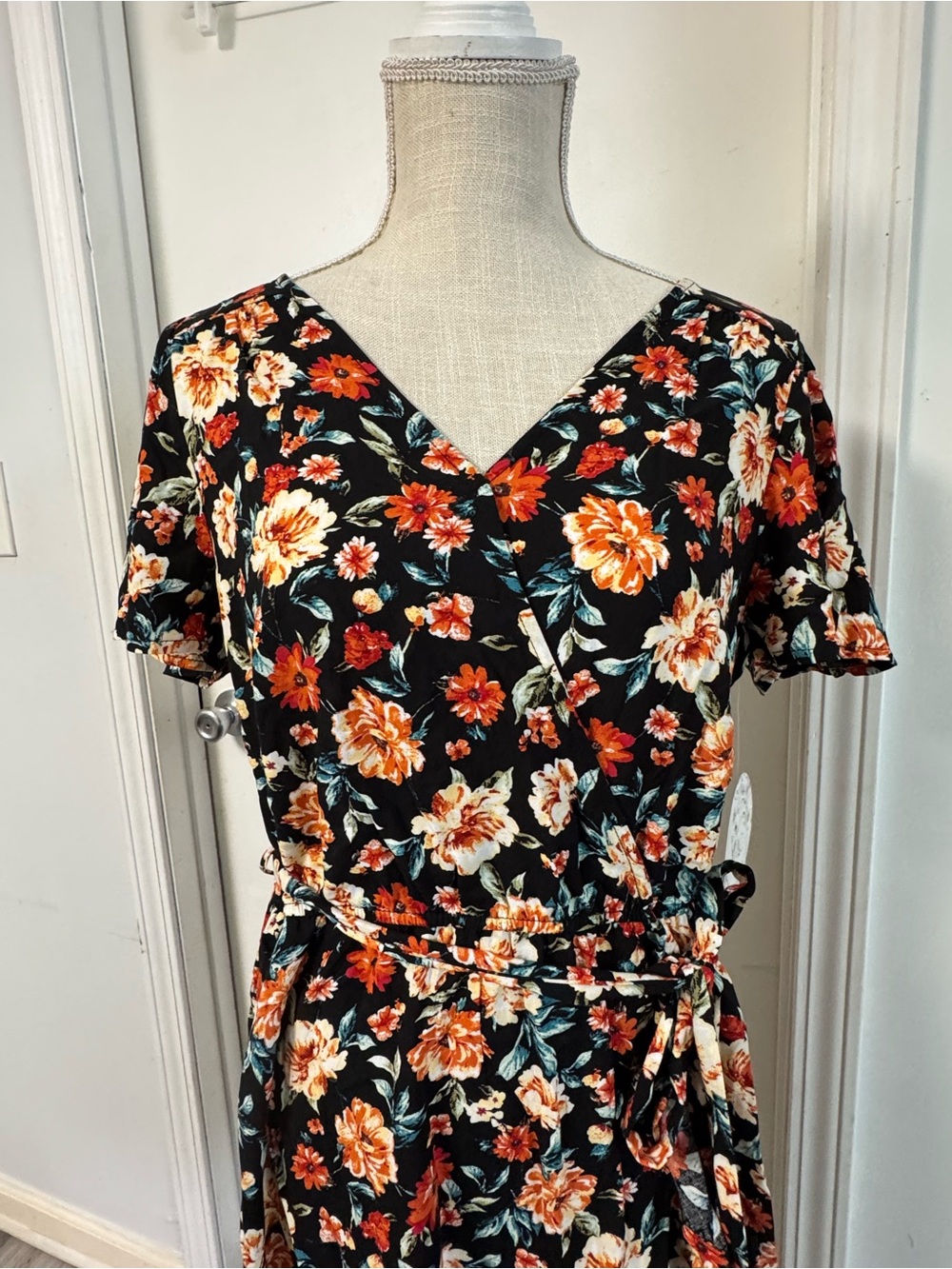 NAIF Black Floral Wrap Midi Dress with Orange and Cream Flowers